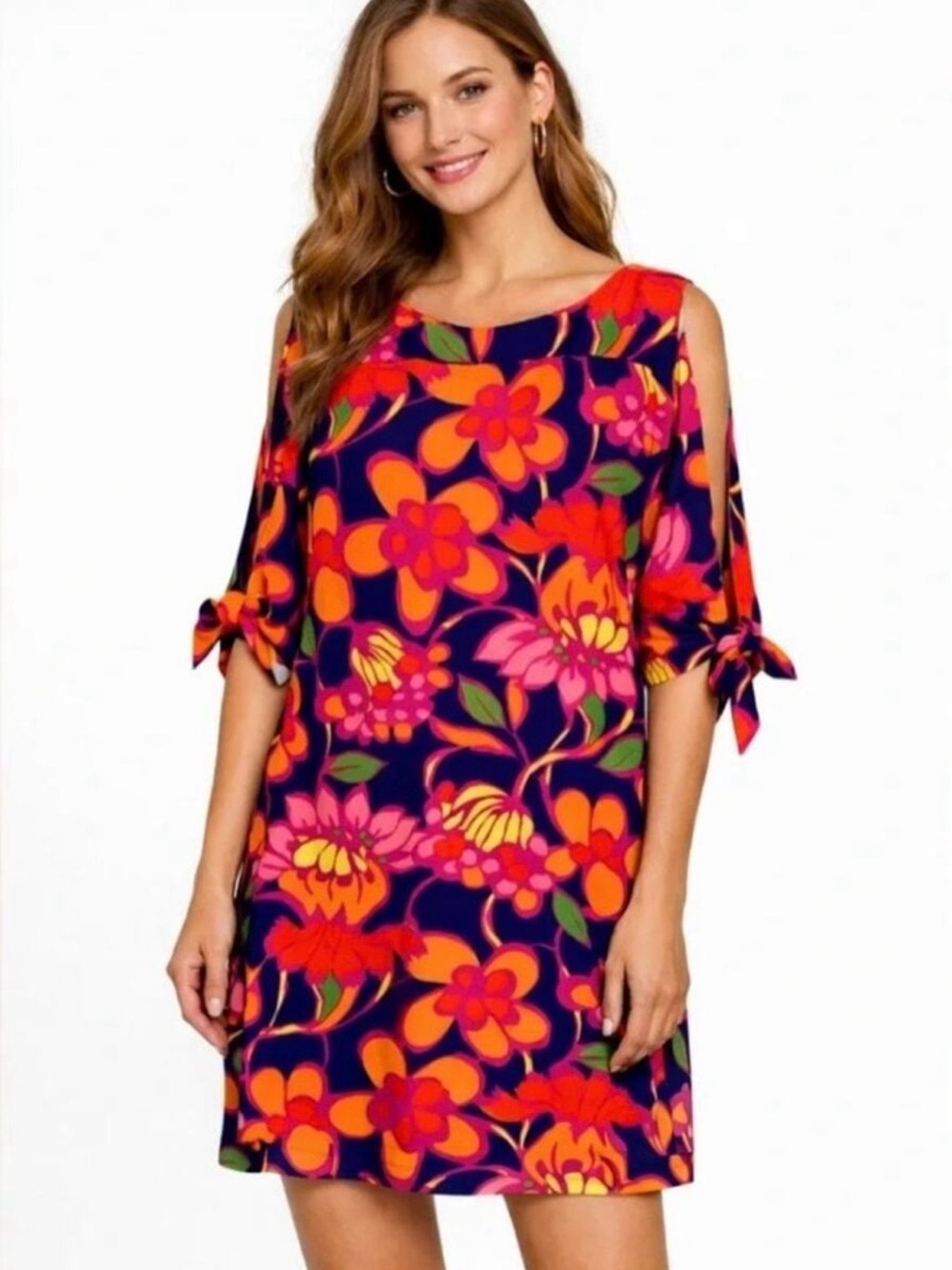 Trina Turk Vinet Tie-Sleeve Floral Shift Mini Dress Navy Pink Orange Size Large